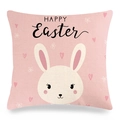 Pink linen Easter pillow case featuring a cute white rabbit and Happy Easter text - Pink Cute Rabbit Head Style (款式~18)
