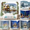 Detail of Christmas tapestry set featuring snowy cabins and festive trees on wall - Christmas Decorative Style (G218) / 100x70cm Peach Skin Velvet