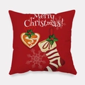 Detail of red square Christmas pillowcase with Merry Christmas print and festive icons - Hand-painted Christmas Decor Style (tpr-13)