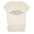 Macro detail of religious slogan print and rolled sleeve on beige crew neck cotton t-shirt - S / Sand (Black Font)