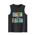 Detailed close-up of the vintage BOATIN and FLOATIN graphic print on a gray cotton tank top - S / Dark Gray