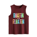 Detail of burgundy tank top showing distressed BOATIN and FLOATIN colorful typography - S / Burgundy