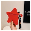 Detail of red star shaped crossbody bag with lychee texture and colorful letter strap - Red