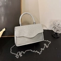 Silver contrast glitter evening clutch with chain strap and top handle for parties - Silver