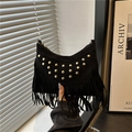 Bohemian black suede hobo bag with gold rivets and long fringes, modern folk style - Black