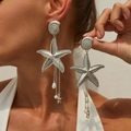 Pendientes bohemios de plata con estrella de mar, conchas y perlas para playa - Estilo Concha Estrella de Mar Perla Plateado (3633)