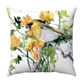 Watercolor bird and yellow flowers print on white square plush cushion cover - 30x50cm / Style 16