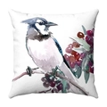 Square watercolor blue jay plush pillowcase with red berries pattern on white fabric - 30x50cm / Style 17