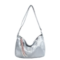 Silver metallic hobo shoulder bag with a woven charm and adjustable strap for women - Underarm Bag / Silver with Charm