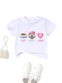 Close-up of white cotton t-shirt with Eat Woof Love puppy print and accessories - 90cm / White
