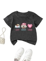 Flat lay of gray cotton kids t-shirt with Eat Woof Love print and matching accessories - 90cm / Dark Gray