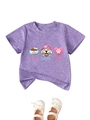 Détail de l'imprimé Eat Woof Love sur un t-shirt enfant violet chiné à manches courtes - 90cm / Violet