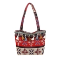 Ethnic style canvas tote bag with geometric patterns and colorful tassel charms - Style 1