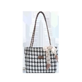 Gezackte Tweed-Einkaufstasche mit braunen Webriemen und dekorativem Polka-Dot-Seidentuch - Braun