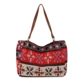 Borsa tote etnica bohémien con motivi jacquard rossi e manici in ecopelle marrone scuro - Stile 1