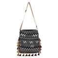 Boho Umhängetasche mit geometrischem Muster und bunten mehrlagigen Fransen - Schwarz