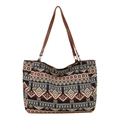 Borsa tote etnica con motivi geometrici tessuti blu e rossi e manici in pelle - Stile 3