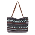 Ethnic tote bag featuring bohemian geometric patterns and brown leather handles - Style 5