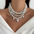 Multilayer pearl and silver chain necklace with heart pendant and metallic charms - Punk Multilayer Pearl Necklace / Cross Heart Multilayer Style (07245)