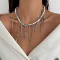 Layered faux pearl choker with silver heart pendants and rhinestone tassel chains - Rhinestone Tassel Pearl Necklace / Pearl Tassel Style (07242)