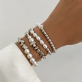 Conjunto de pulseras multicapa con perlas artificiales y dije de cruz en color plata - Estilo Perla de Imitación Plateada (06304)