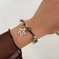 Colorful irregular stone beaded bracelet with silver sun star pendant on black cord - Sun Pendant Black Woven Style (02914)