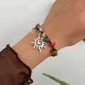 Colorful natural stone beaded bracelet with silver sun pendant on a woven black cord - Sun Pendant Black Woven Style (02915)