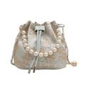 Sac seau élégant avec anse en perles et broderie traditionnelle sur tissu bleu - Bleu