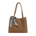 Brown woven tote bag with braided handle and silk scarf detail for elegant style - Khaki