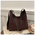 Large brown suede tote bag for women with wide shoulder strap on beige knit fabric - Coffee