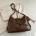 Vintage dark brown tote bag in glossy PU leather with metal buckle and bear charm - Brown with Charm