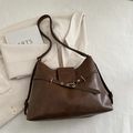 Dark brown tote bag with decorative belt strap and matte leather finish for commuting - Brown without Charm