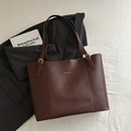 Minimalist chocolate brown leather tote bag with gold buckle and fashion logo - Brown