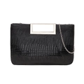 Elegant black crocodile pattern handbag with rectangular silver metal handle and chain - Black