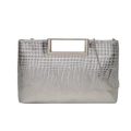 Silver crocodile textured evening handbag with metal handle and chain shoulder strap - Silver