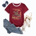Flat lay of retro burgundy graphic T-shirt with western desert print and white contrast trim - Burgundy