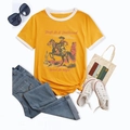 Flat lay of vintage ringer tee with Tough as a Tumbleweed graphic and orange contrast trim - Yellow