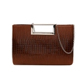 Brown crocodile pattern crossbody bag with silver metal handle and chain strap - Yellow Brown