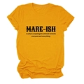 Detail of ginger yellow crew neck t-shirt with mare-ish text print and rolled sleeves - S / Mustard Yellow (Black Text)