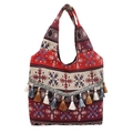 Borsa tote etnica bohémien tessuta con motivi geometrici e dettagli di nappine - Stile 1