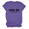 Close-up of MARE-ISH slogan print on purple cotton blend crew neck t-shirt detail - Purple (Black Text)
