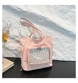 Pink nylon tote bag with textured surface and transparent mesh pocket for daily commute - Pink