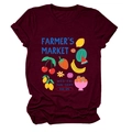 Close-up of Maroon cotton T-shirt featuring colorful Farmer's Market fruit print - S / Burgundy
