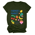 Detail of soft dark green cotton t-shirt with colorful fruit market graphic print - S / Army Green