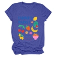 Detail of colorful Farmer's Market fruit print on navy blue crew neck cotton t-shirt - S / Vintage Blue