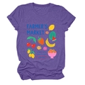 Detail of purple cotton blend T-shirt fabric texture and colorful farmer's market print - S / Purple