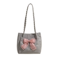 Gray oversized tote bag featuring a pink chiffon bow and braided shoulder strap - Silver