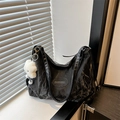 Large black textured tote bag with cute bear charm for daily commuting style - Black With Pendant