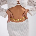 Detail of gold boho waist chain with turquoise accents on white knitted dress - Gold Spiral Disc Faux Turquoise (01783)
