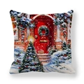 Cartoon Santa Claus Christmas pillowcase with oil painting house and wreath print - Red House Door with Christmas Wreath Illustration (tpr-21)